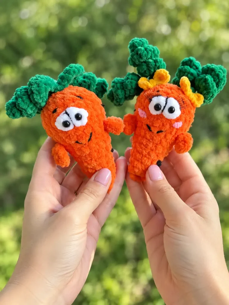 A pair of hands with light pink manicured nails holding up two fuzzy orange carrot amigurumi pattern toys.