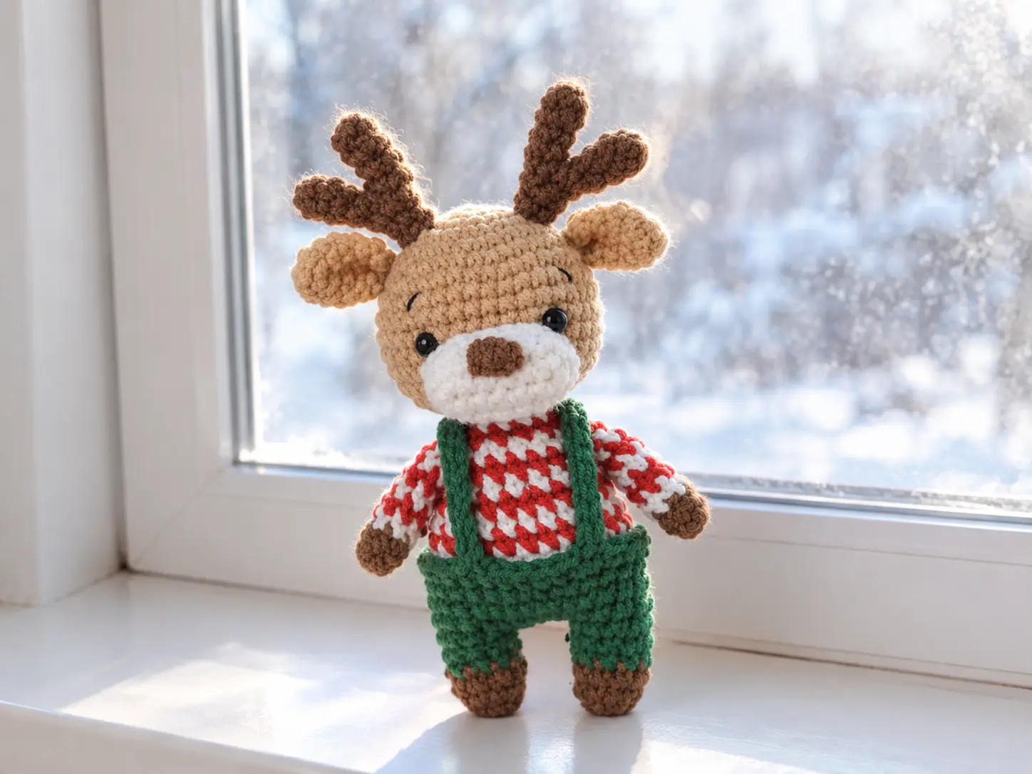 Handmade crochet Christmas reindeer amigurumi toy with brown antlers, a red-and-white patterned sweater, and green overalls standing on a white windowsill.