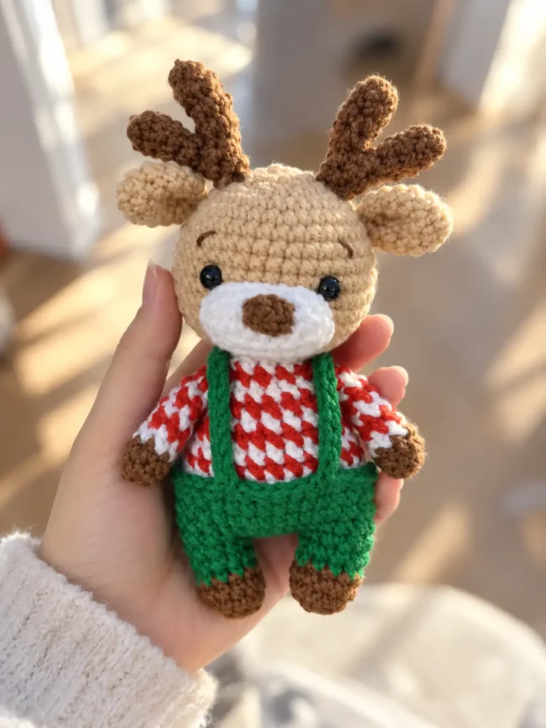 A hand holding up the finished crochet Christmas reindeer amigurumi toy with green overalls and brown antlers indoors.