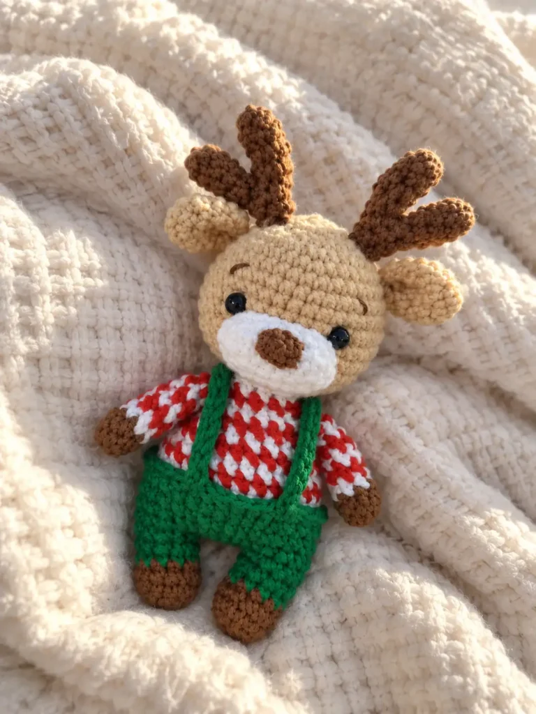 Crochet Christmas reindeer amigurumi toy lying flat on a textured white knitted blanket with soft lighting.