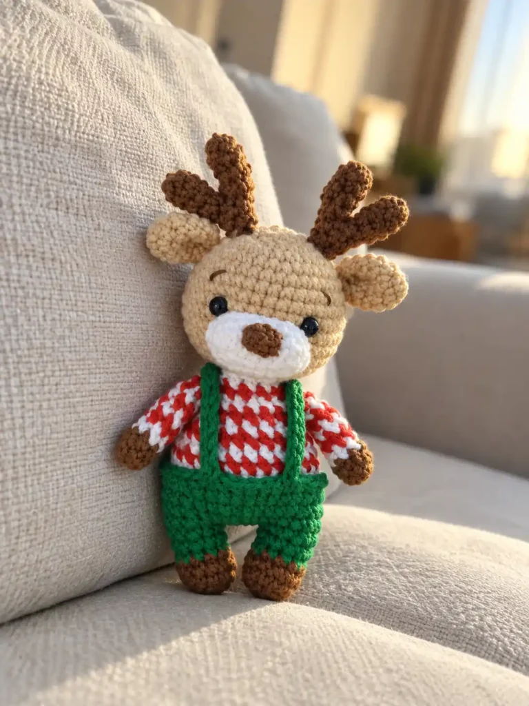 Crochet Christmas reindeer amigurumi toy sitting upright on a beige fabric couch with brown antlers and green overalls.