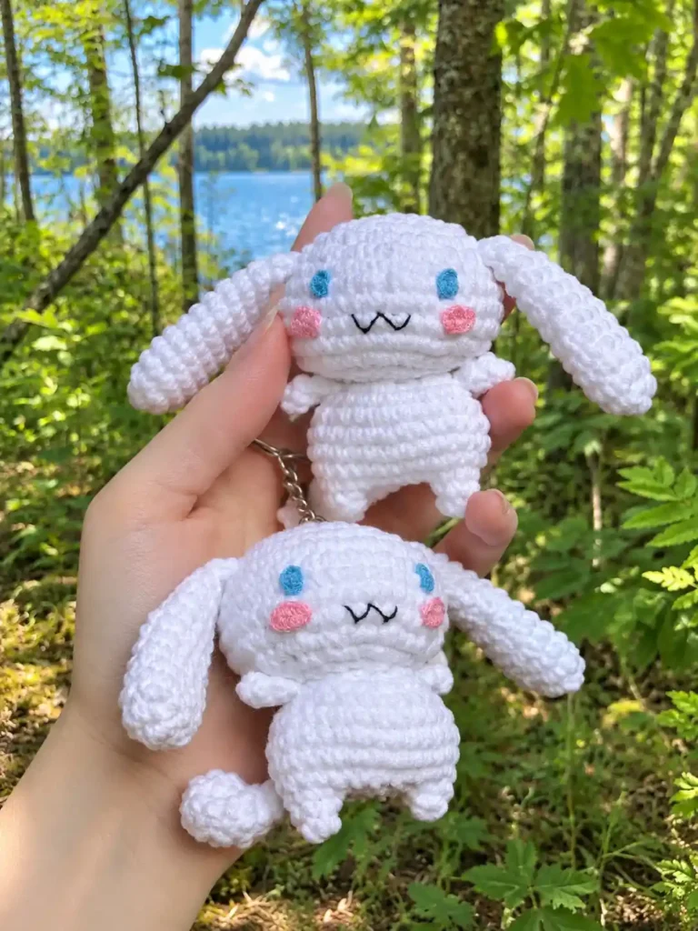 Hand holding two white toys from our Cinnamoroll crochet pattern, one as a keychain, outdoors against a forest and lake.