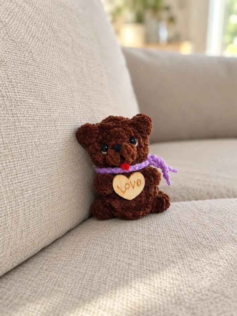 Brown yarn mini bobble bear crochet pattern featuring a purple scarf and wooden heart, sitting on a textured beige sofa.