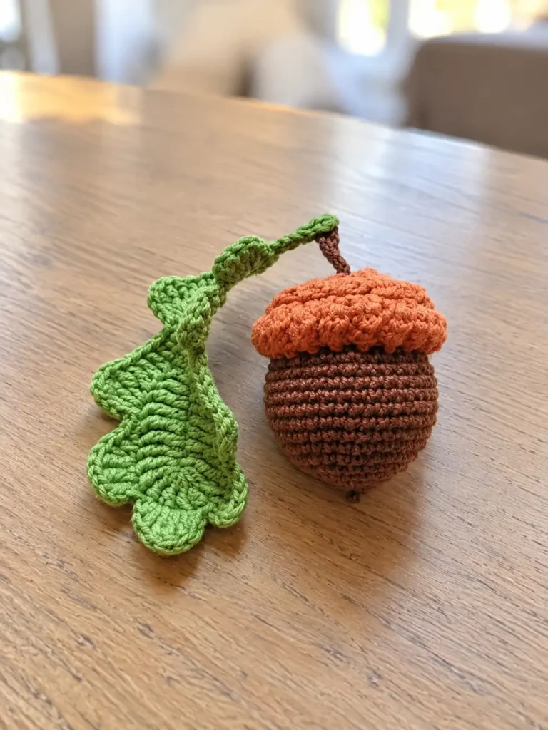 Amigurumi yarn toy from a crochet acorn pattern with an orange cap and green leaf on a light indoor wooden table.