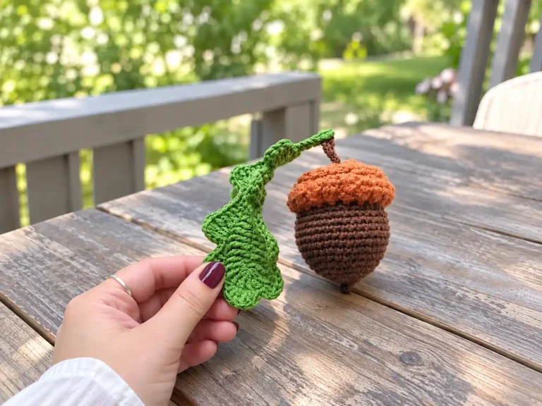 Hand holding the green leaf of a brown and orange amigurumi from a crochet acorn pattern over an outdoor wooden table.