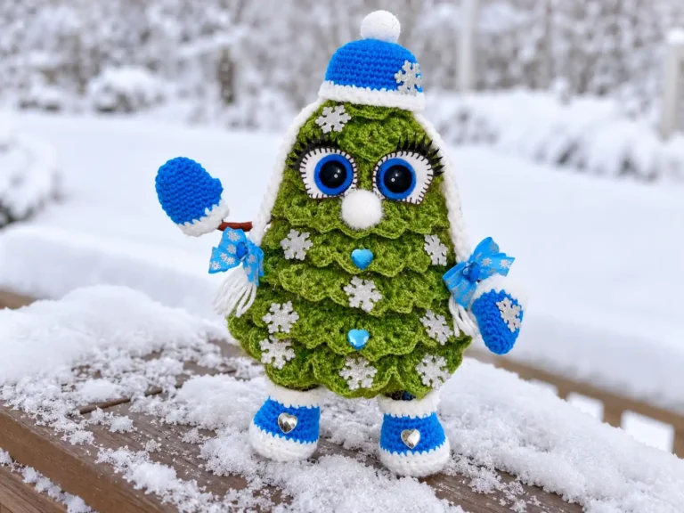 Green crochet Christmas tree toy with blue hat, boots, and mittens standing on a snowy outdoor wooden bench.