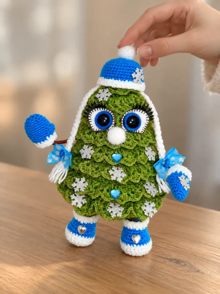 A hand holding up a finished green crochet Christmas tree toy with blue doll eyes and a hat.