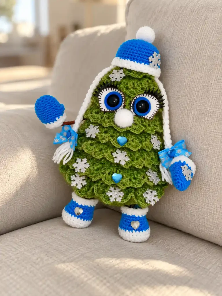 Green crochet Christmas tree toy with blue boots and snowflakes sitting upright on a light beige couch.