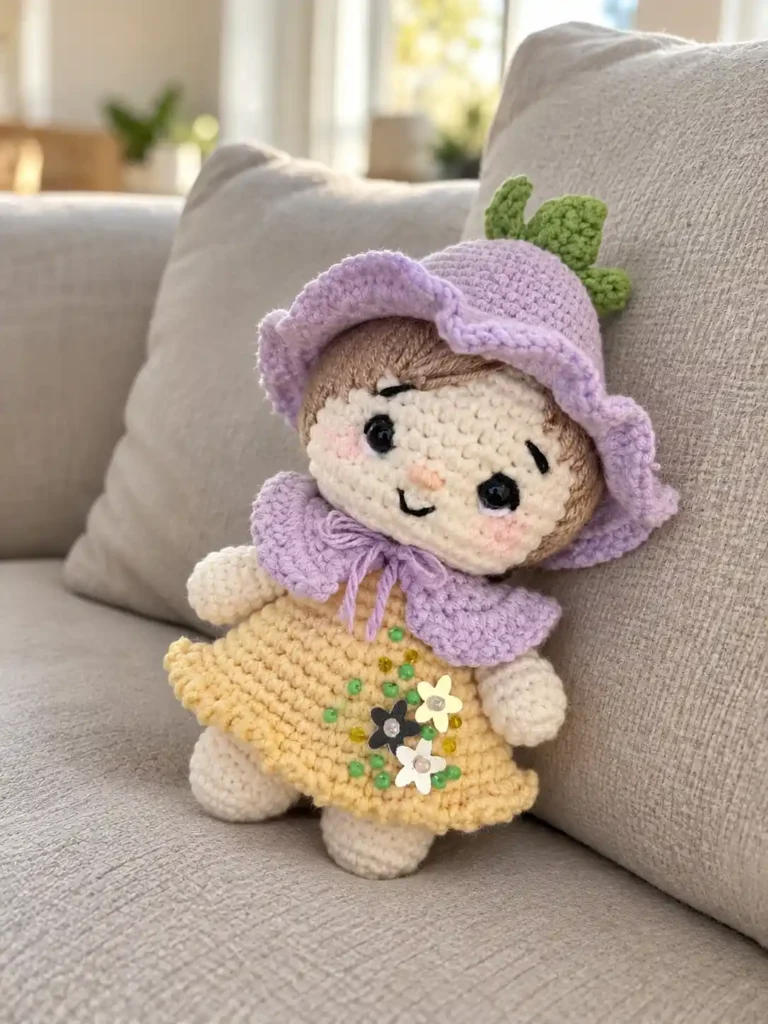 Cotton yarn crochet gnome pattern doll with Alize Extra hair and purple ruffled hat propped against a beige indoor sofa.