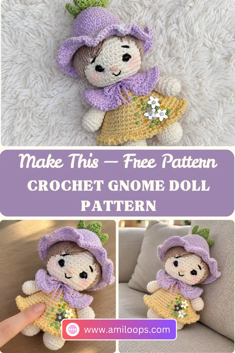 Amigurumi doll from a crochet gnome pattern with a purple hat and yellow dress lying flat on a soft white fluffy blanket.