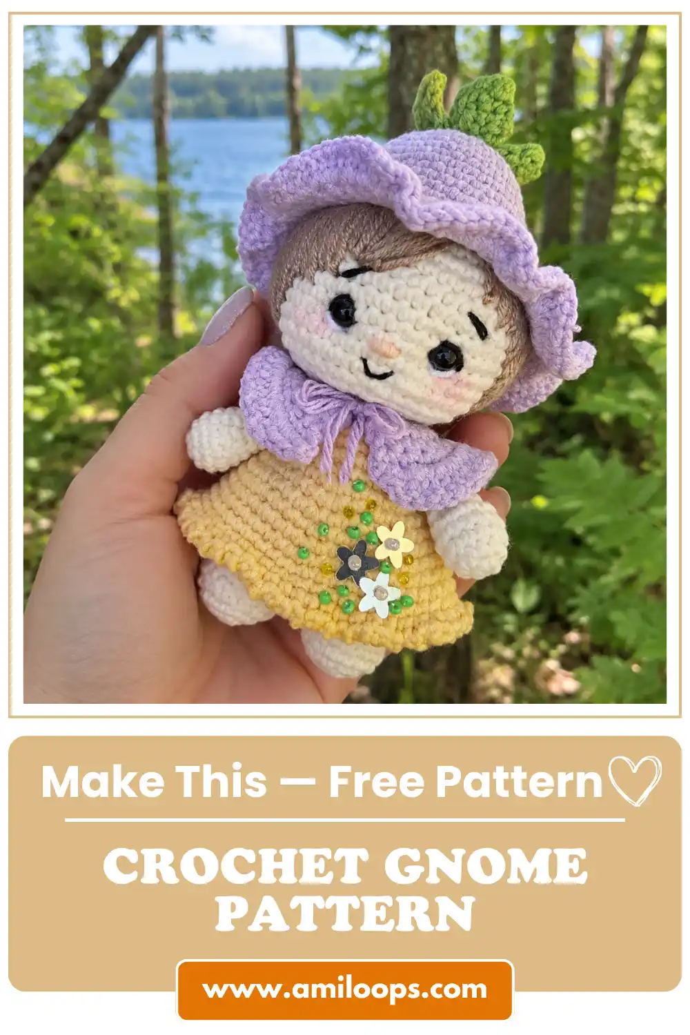 Amigurumi doll from a crochet gnome pattern with a purple hat and yellow dress.