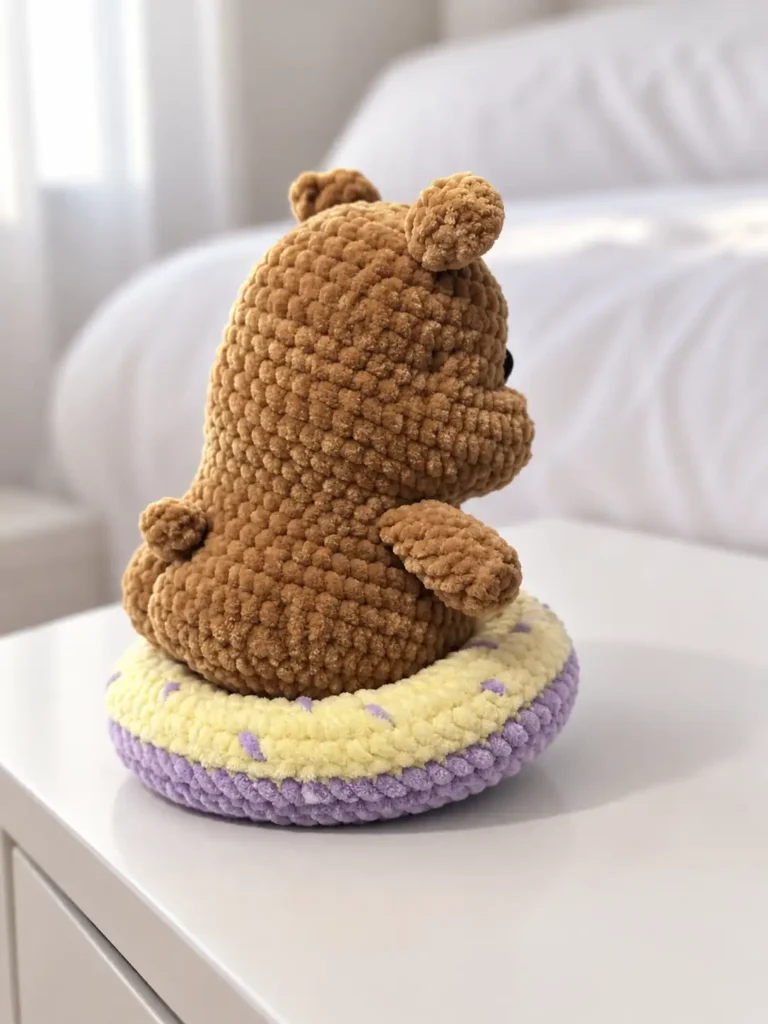 Back view of a brown chunky yarn crochet hamster with donut, showing its small round tail while sitting on a white desk.
