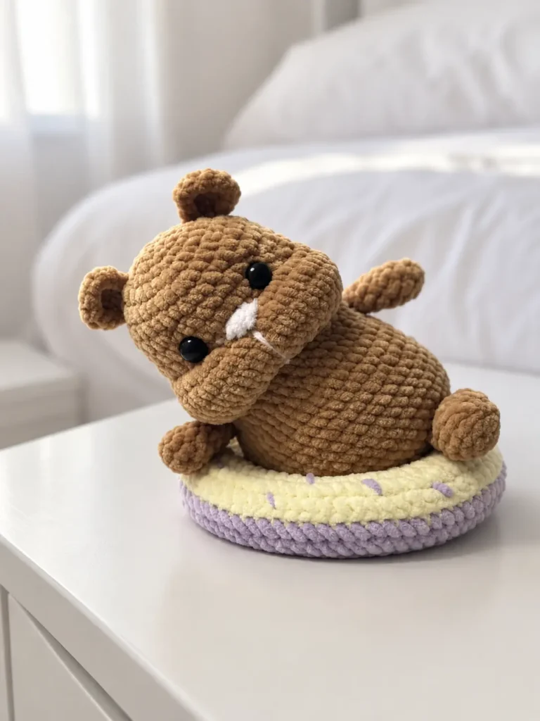 Front view of a brown chenille crochet hamster with donut in yellow and purple, head tilted, sitting on a white nightstand.