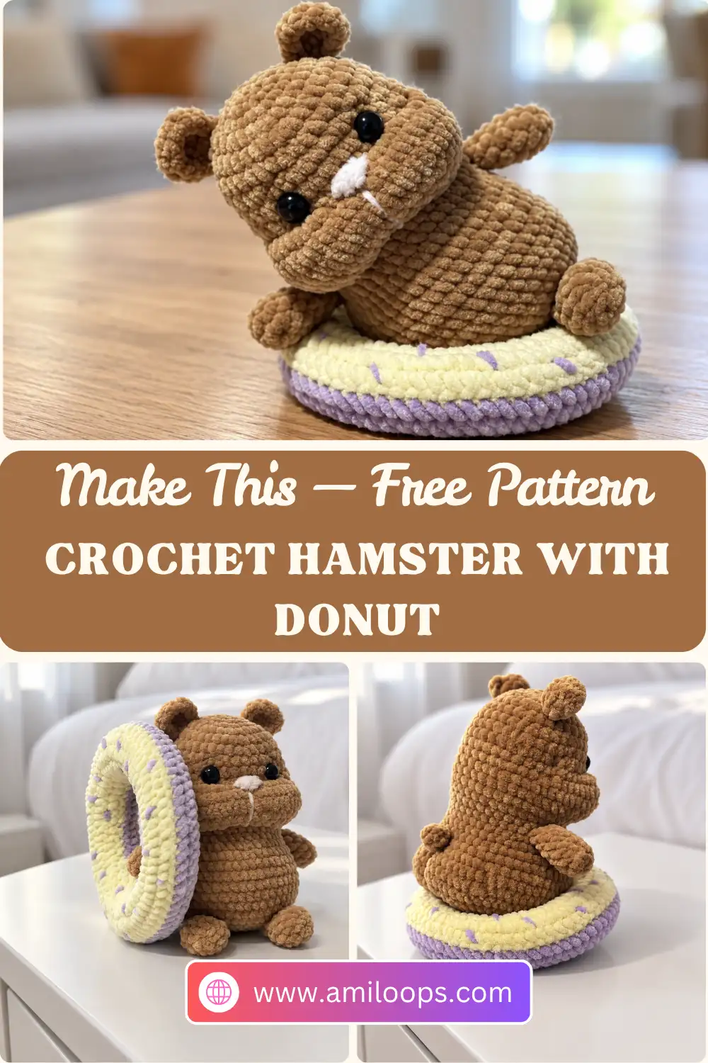 Brown plush crochet hamster with donut featuring yellow frosting and purple sprinkles, sitting on a white bedroom table.