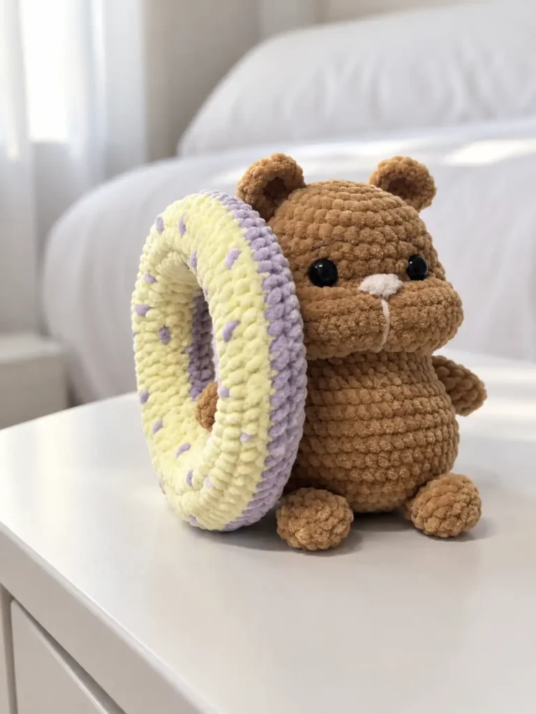 Side view of a brown plush crochet hamster with donut held upright, featuring yellow and purple yarn, on a white table.