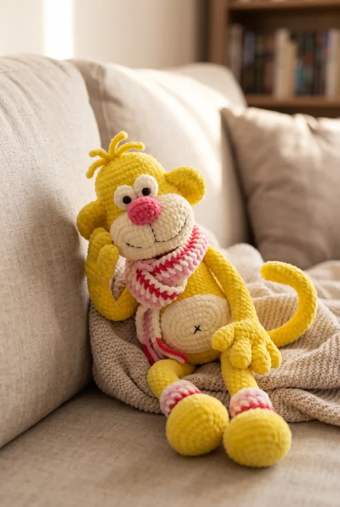 Cute yellow crochet monkey amigurumi plush resting thoughtfully on a cozy beige sofa.