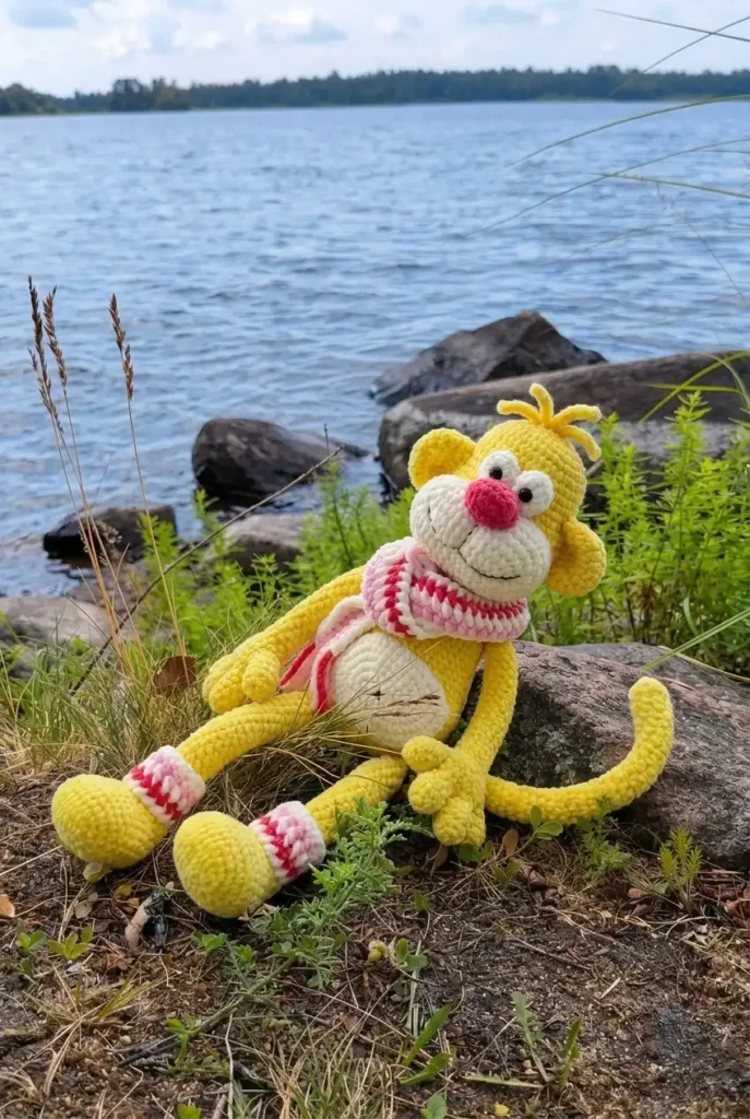 Yellow plush crochet monkey amigurumi wearing a pink striped scarf, sitting on rocks by a lake.