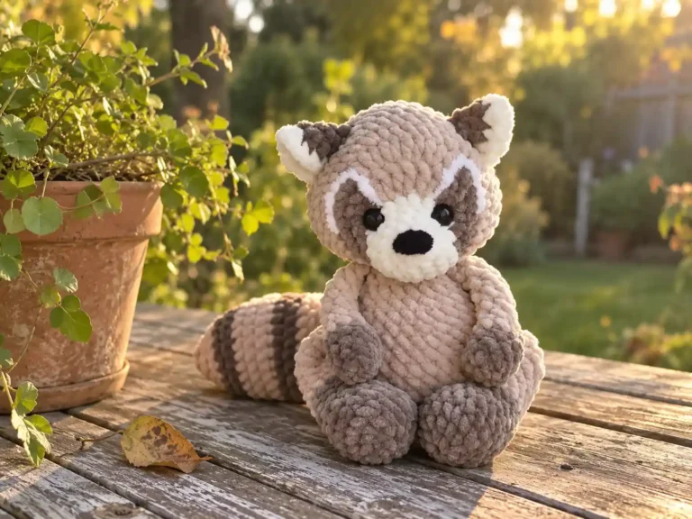 A crochet raccoon amigurumi with a striped tail on an outdoor wooden table, shown with two close-up detail shots.