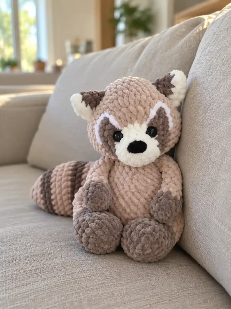 A plush chenille crochet raccoon amigurumi pattern sitting on a light gray sofa, showing dark beige paws and safety eyes.