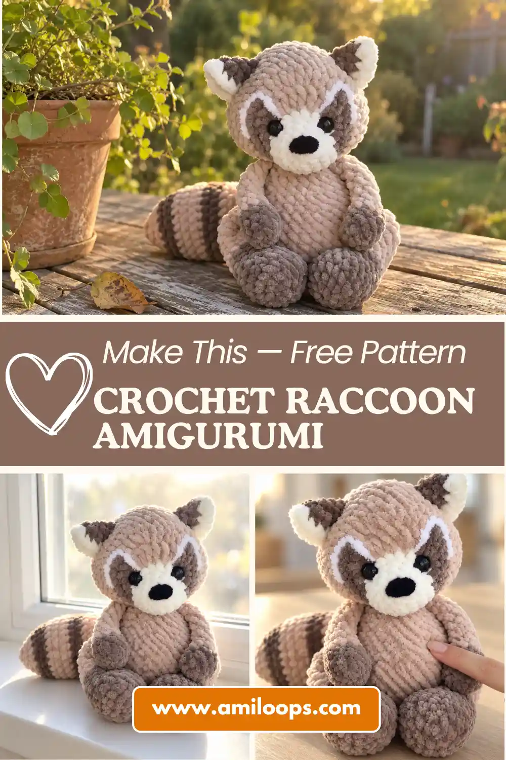 A fluffy beige and brown crochet raccoon amigurumi pattern sitting upright on a light gray sofa in a bright sunny room.