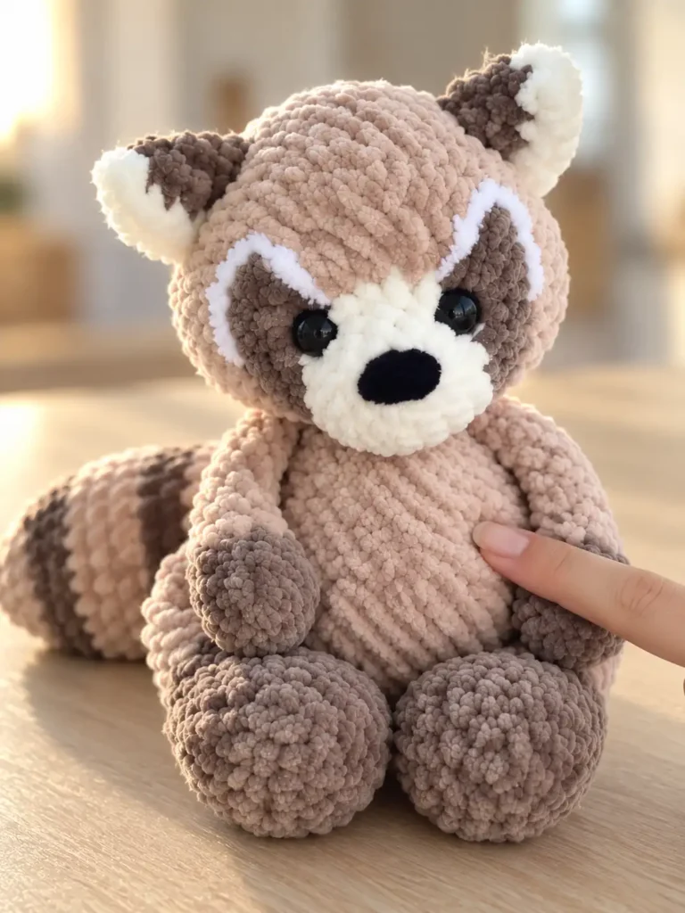 A finger touching the soft beige chenille yarn of a crochet raccoon amigurumi pattern sitting upright on a wooden table.