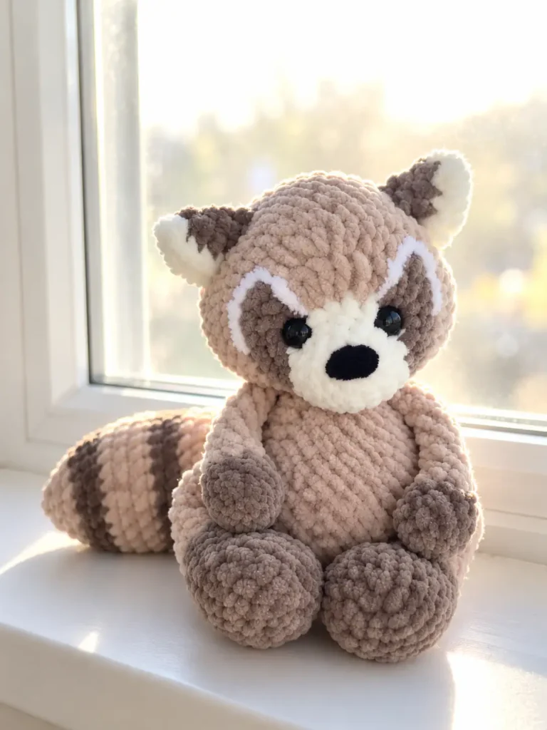 A plush crochet raccoon amigurumi pattern sitting on a white windowsill, backlit by warm sunlight highlighting its ears.