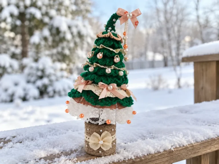 Green yarn crochet ruffle tree pattern with pearls, bows, and lace sitting on a snowy wooden railing outdoors.
