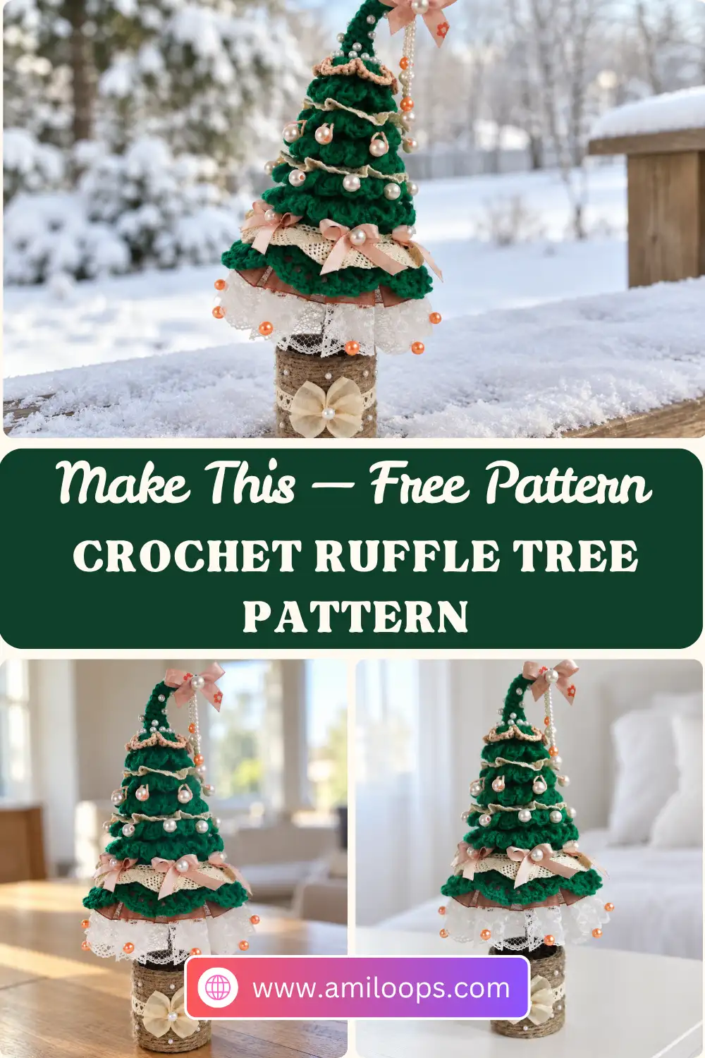Hand holding a finished green crochet ruffle tree pattern adorned with lace and pearl beads against a snowy backdrop.