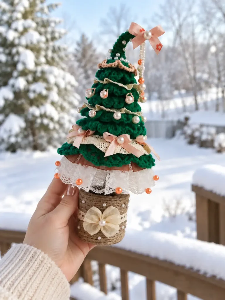A hand holding a green crochet ruffle tree pattern decorated with pink ribbons and pearls against a snowy background.
