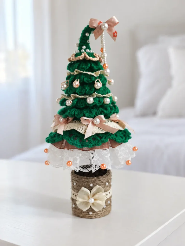A finished crochet ruffle tree pattern with green yarn, pearls, and lace sitting on a white table in a bright room.
