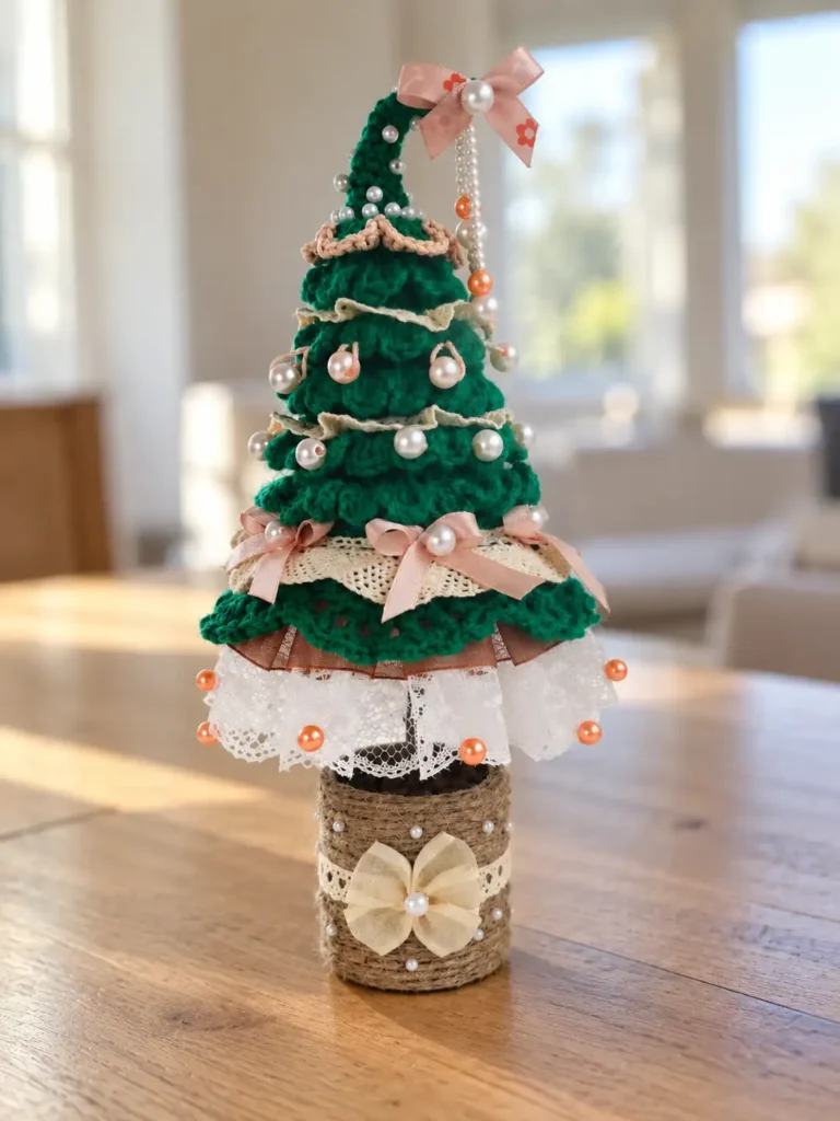 The completed green crochet ruffle tree pattern with lace and bead details resting on a sunlit wooden table indoors.
