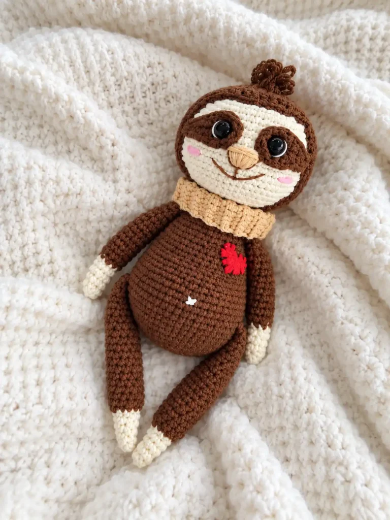 Close-up top-down shot of the smiling face of the finished crochet sloth, lying on a textured cream-colored knitted blanket.