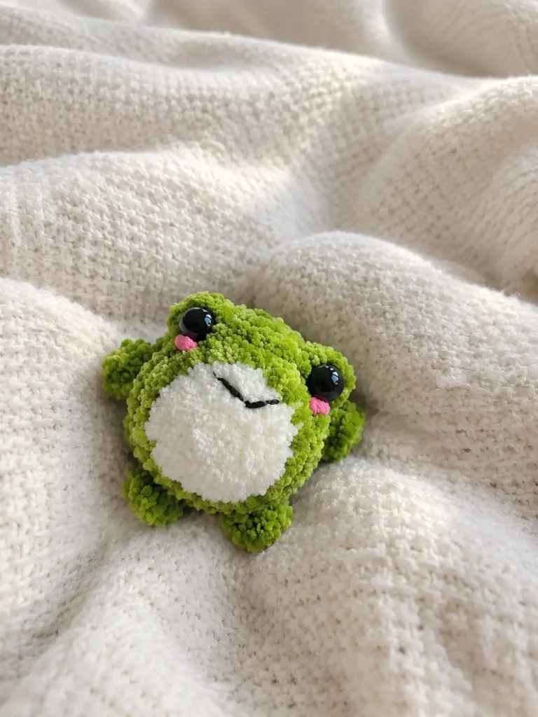 A single completed green and white crochet frog amigurumi toy resting on a textured white knit blanket.