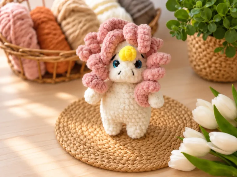A plush white curly unicorn amigurumi pattern with pink hair on a woven mat, surrounded by yarn baskets and white tulips.