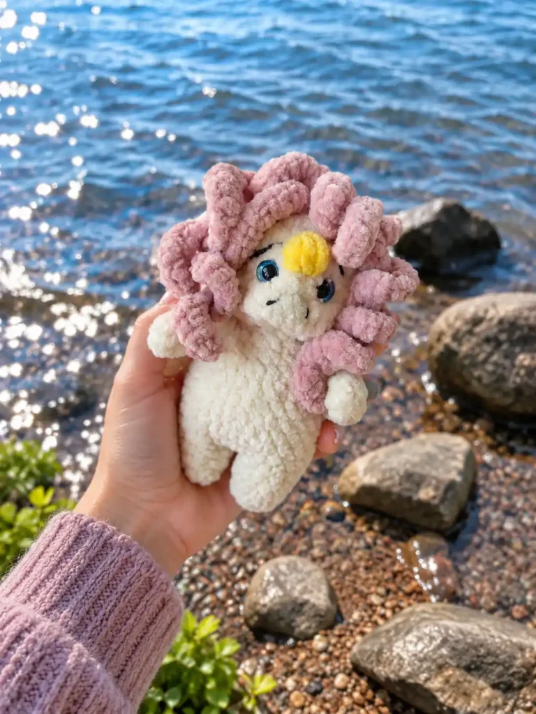 Hand holding a white curly unicorn amigurumi pattern toy with pink hair outdoors by a sparkling blue lake and rocky shore.