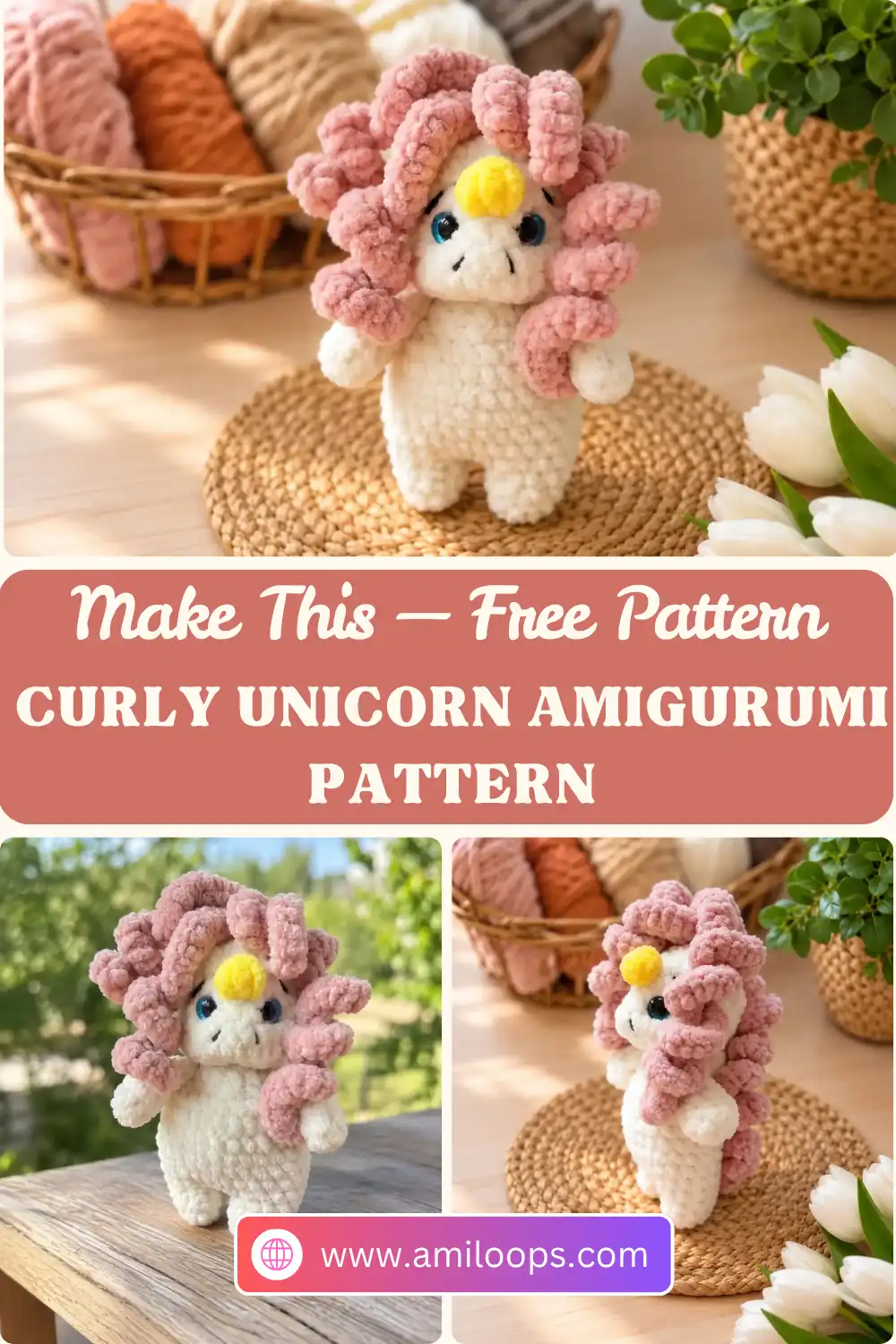 Hand holding a white curly unicorn amigurumi pattern toy with pink hair outdoors against a sparkling blue lake and rocks.