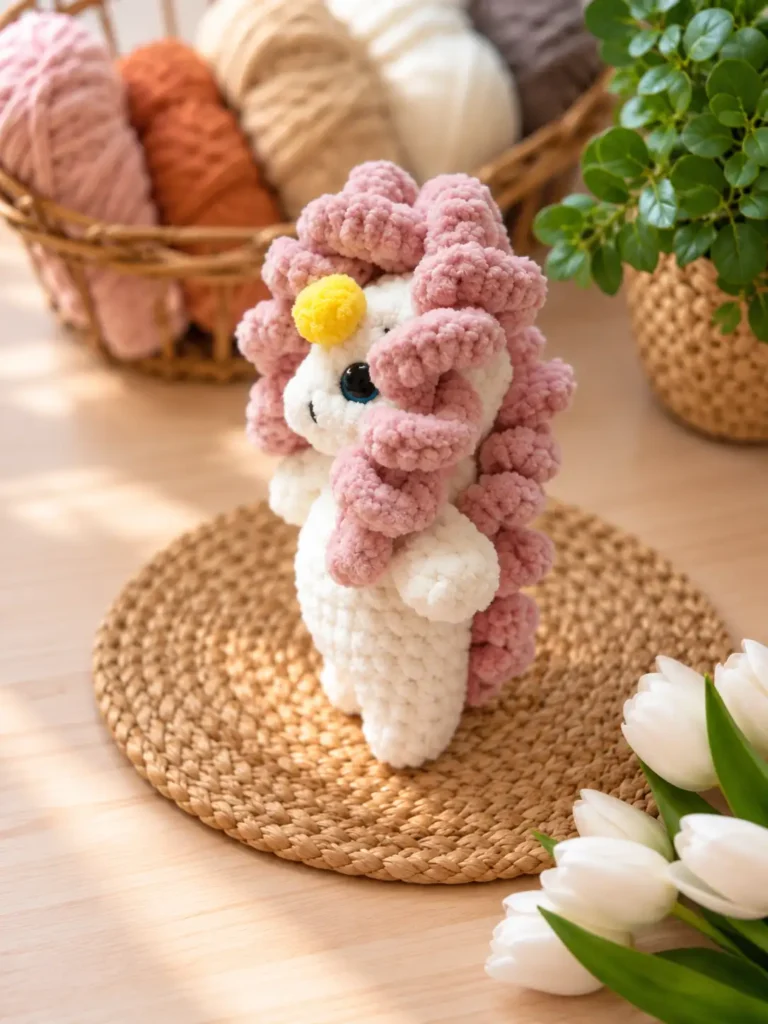 Side view of a white curly unicorn amigurumi pattern with pink hair on a woven mat, near yarn baskets and white tulips.