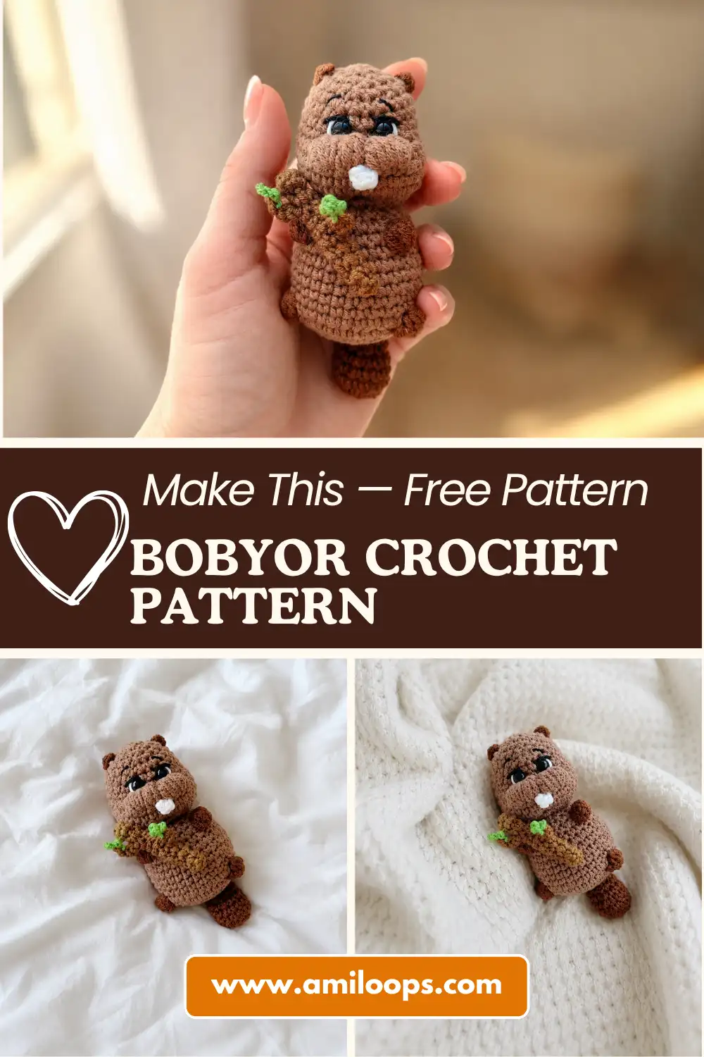 Hand holding an amigurumi brown yarn beaver against green grass using the Bobyor crochet pattern.