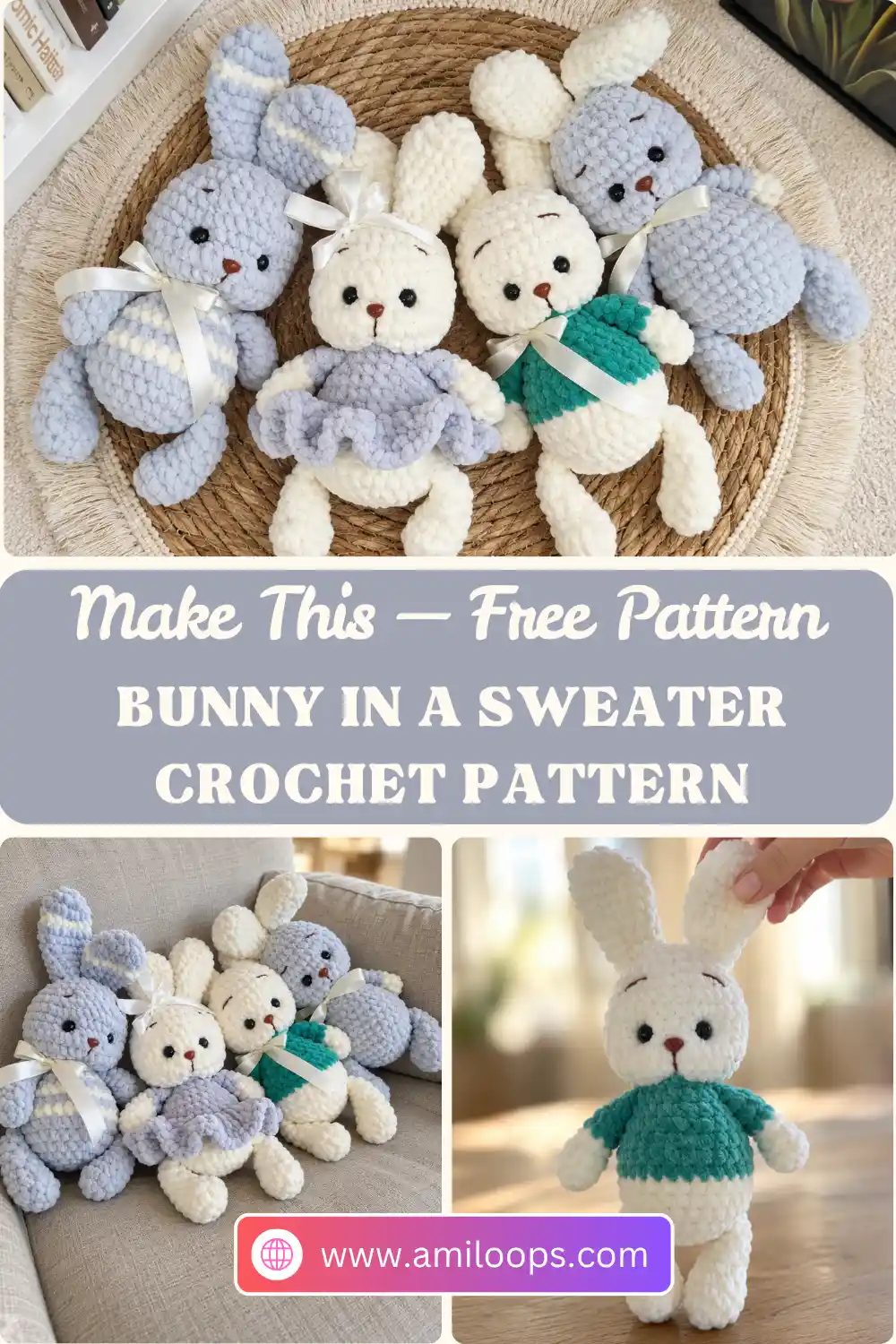 A bunny in a sweater crochet pattern shown with three other chunky yarn bunnies resting on a soft white wrinkled fabric.