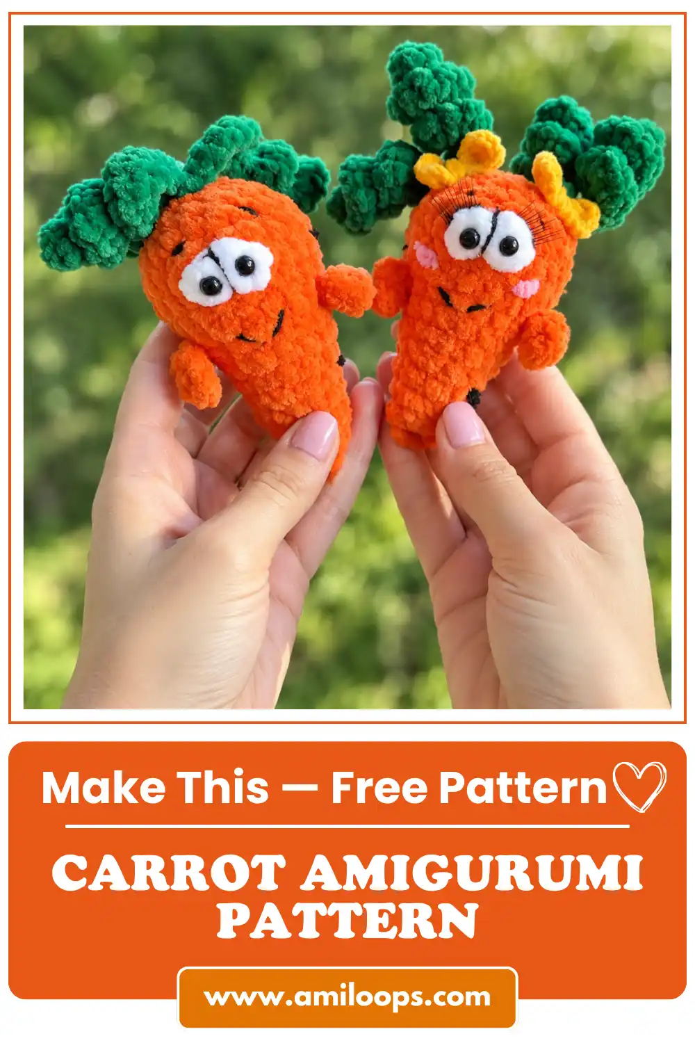 Hands holding two fuzzy orange chenille carrot amigurumi pattern toys against a blurry green garden background
