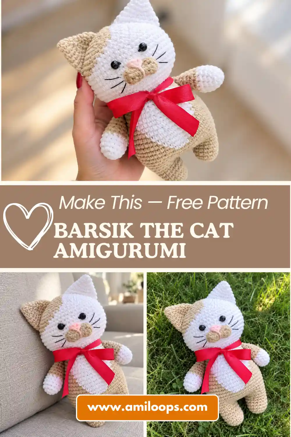 A hand holding a tan and white crochet cat amigurumi with a red ribbon bow, with two more photos on a couch and in grass.