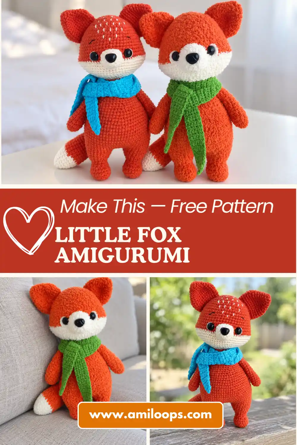 Two fluffy orange yarn toys from a fox amigurumi pattern wearing green and blue scarves on a sunlit windowsill.