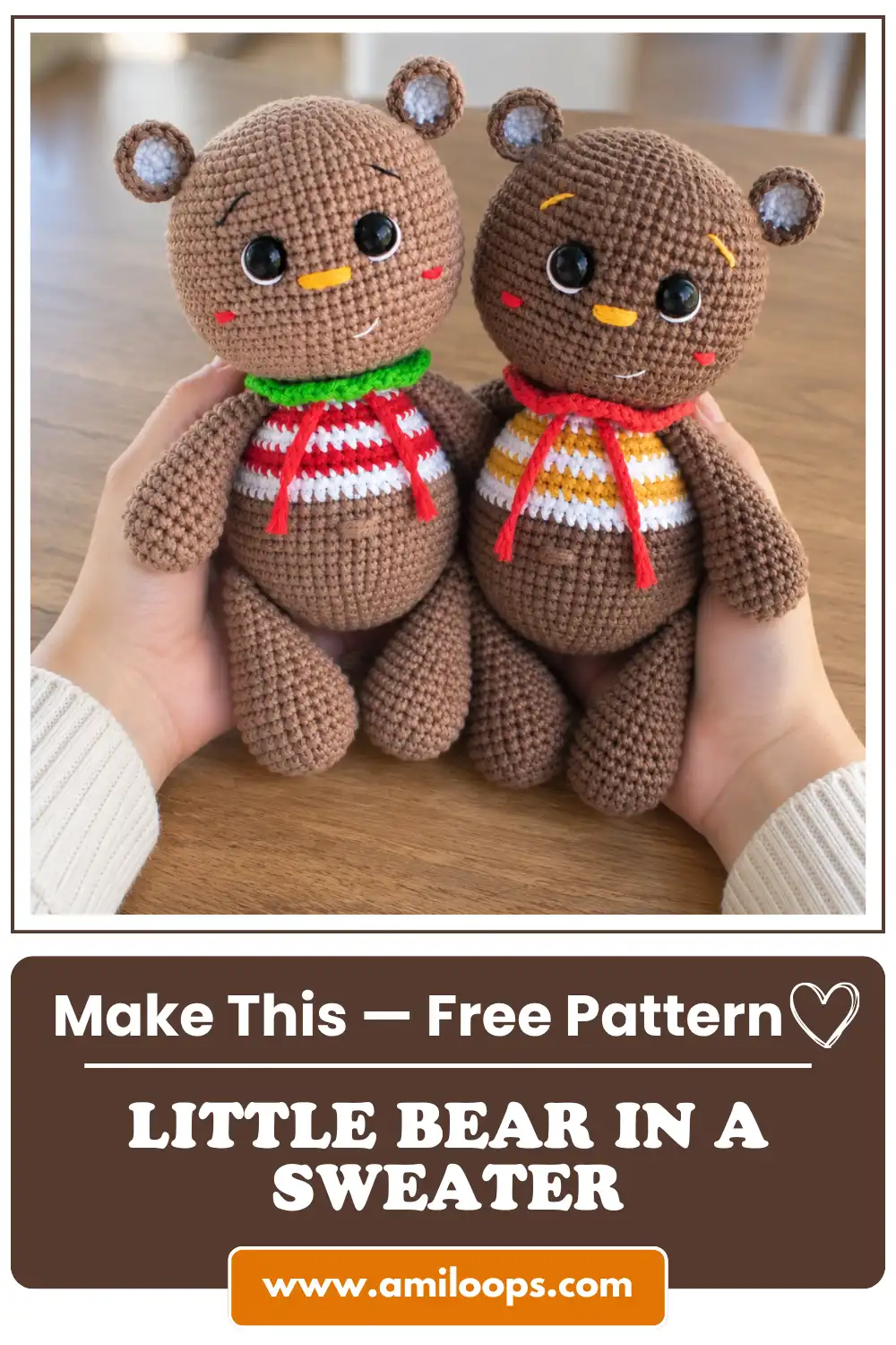 Two handmade little bear in a sweater amigurumi toys held over a wooden table inside a cozy room.