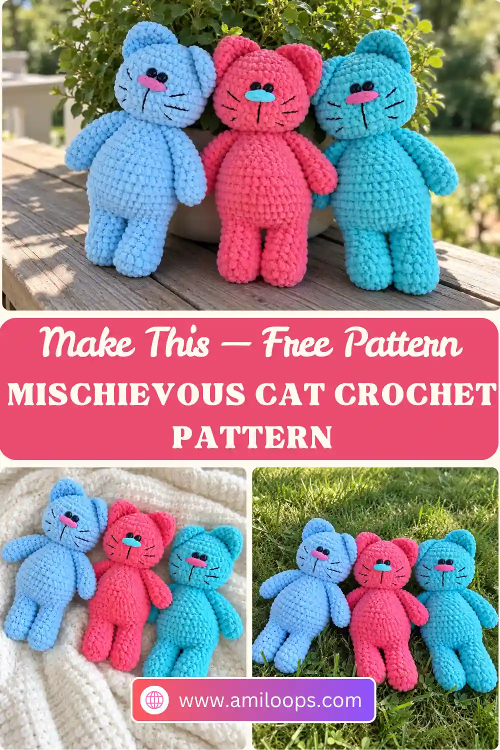 Three chenille yarn cats in blue, pink, and teal sit on wood outdoors in this mischievous cat crochet pattern.