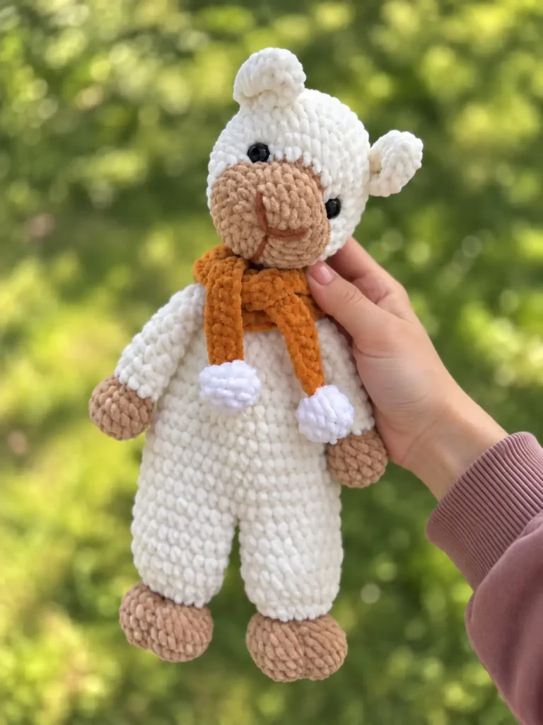 A hand holding a finished, plush crochet alpaca with a white body, tan face, and orange scarf against a green background.