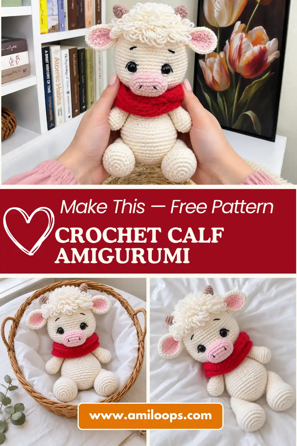 White yarn crochet calf amigurumi pattern with red scarf sitting on an outdoor wooden table beside a green plant.