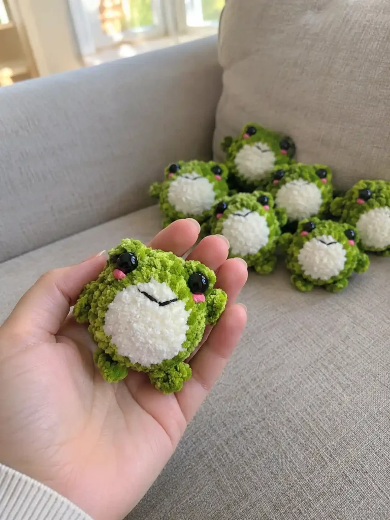 A person holding a small, handmade green and white velour frog amigurumi with black safety eyes and pink cheeks, with several other finished toy frogs resting on a sofa in the background.