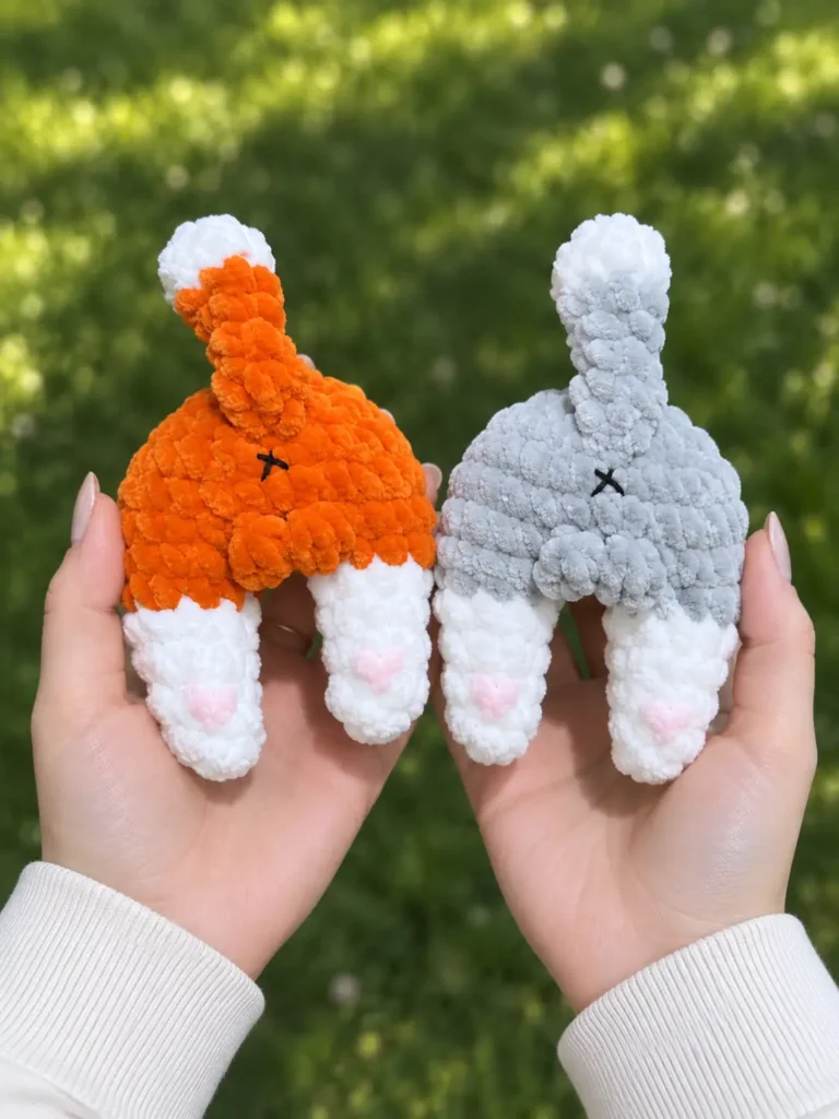 Two hands holding orange and grey plush toys from a cat butt crochet pattern with pink heart paws against a green background.