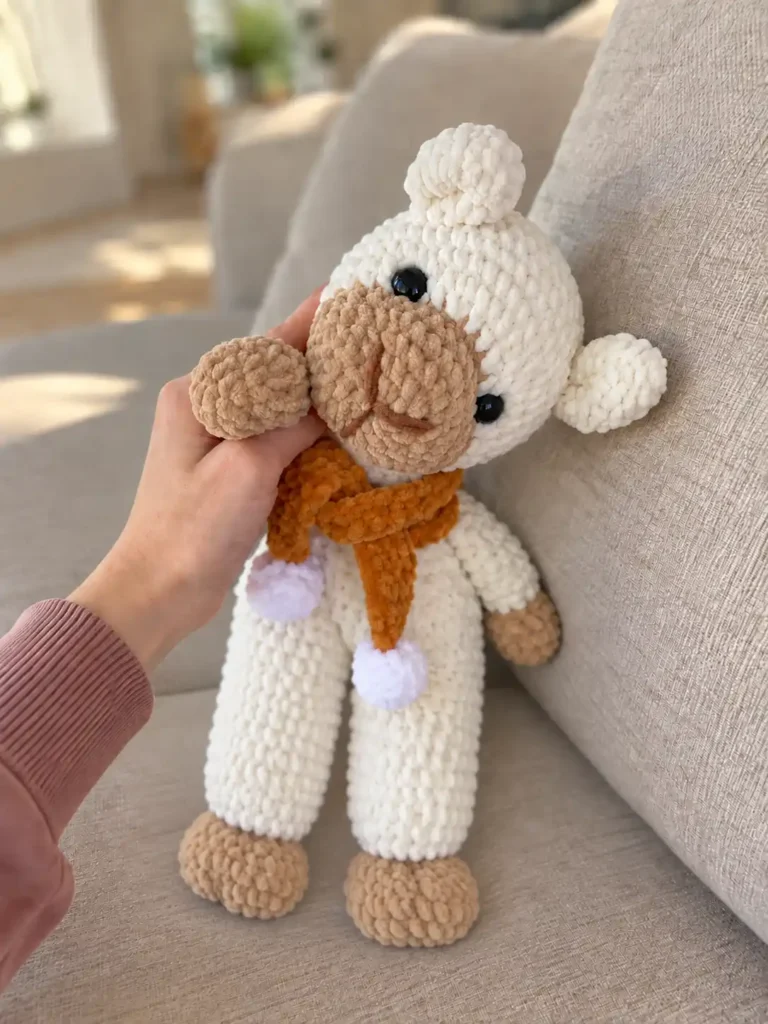 A close-up view of a hand holding the detailed head of a plush crochet alpaca, showing muzzle texture and orange scarf.