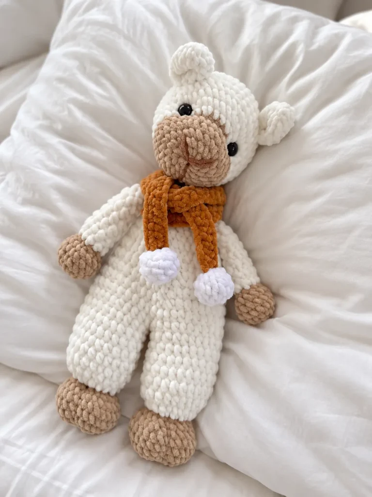 A finished plush crochet alpaca with a white body, tan face, and orange scarf, resting cozy on a soft white duvet.
